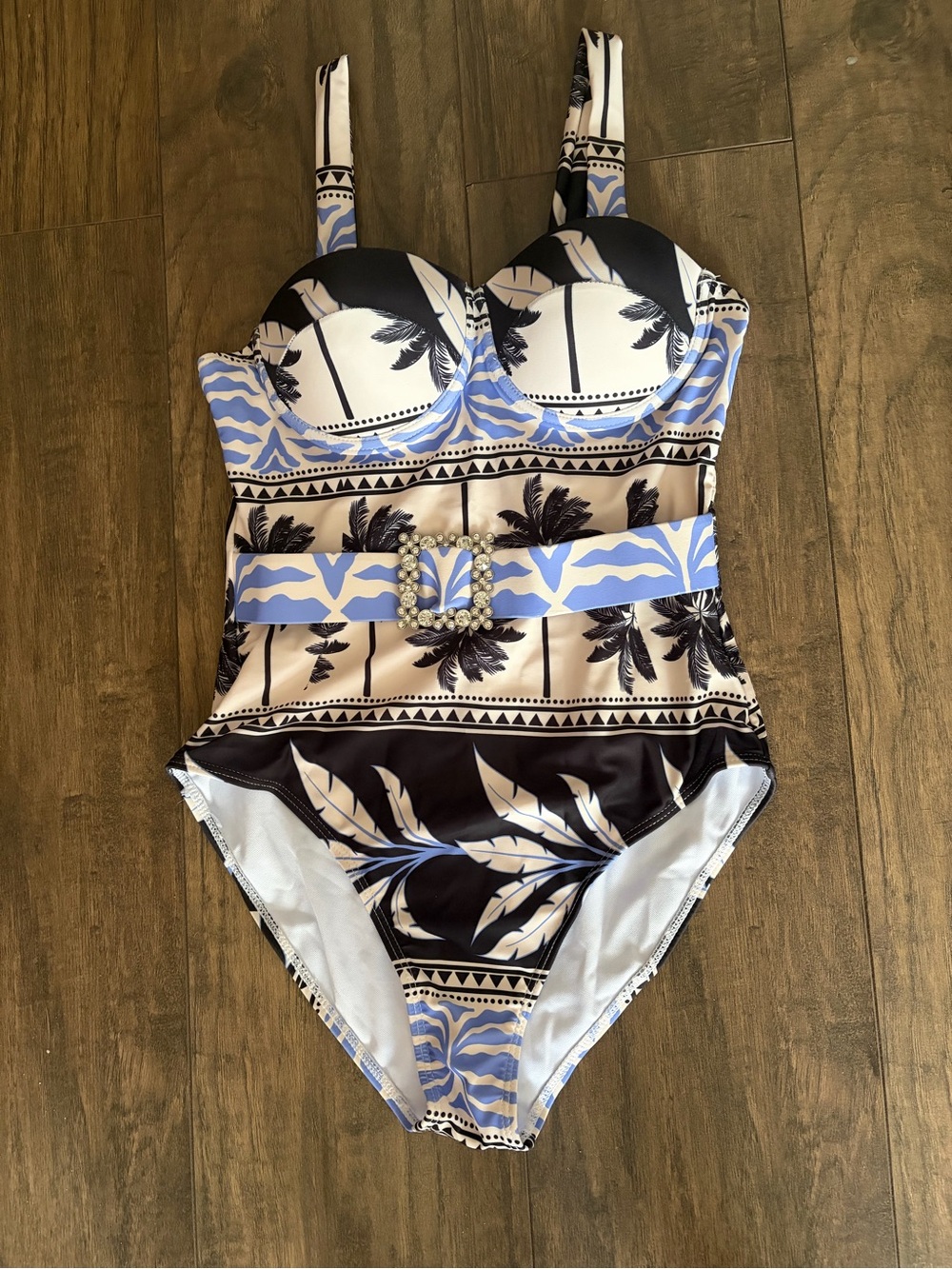Womens Blue and Black Palm-Print One-Piece Swimsuit with Decorative Belt